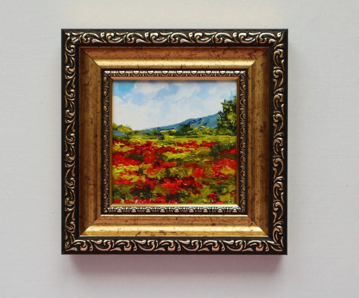 Impressionistic Landscape Oil Painting By Natalia Shaykina, 5 X 5", Poppy Fields Set, Original Artwork