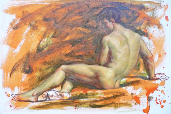 ORIGINAL OIL PAINTING ART MALE NUDE ON LINEN#16-7-19