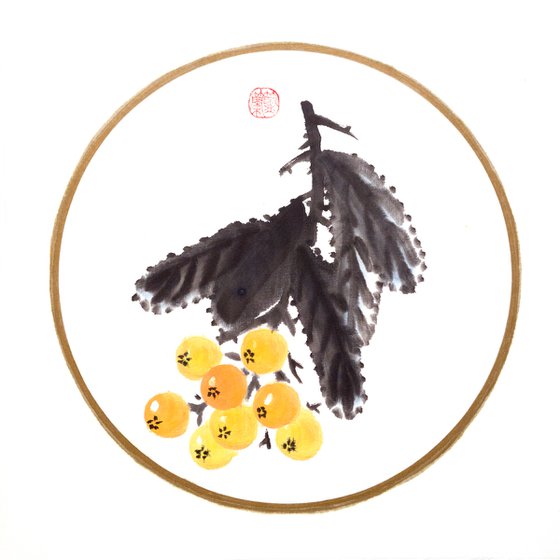 Branch of juicy loquat in a circle - Oriental Chinese Ink Painting