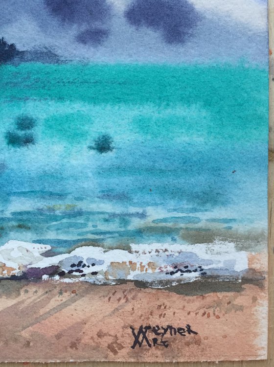 The ocean before the thunderstorm. Turquoise watercolor seascape painting.