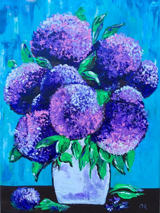 BOUQUET OF Purple hydrangea on turquoise in a white vase palette  knife Original Acrylic painting office home decor gift