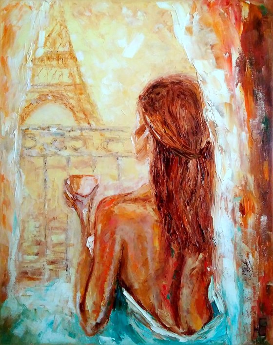 Coffee in Paris, original oil painting palette knife nude girl 40x50 cm ready to hang