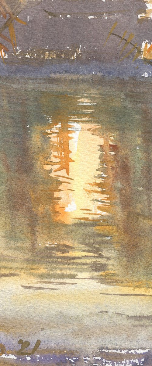 Sun reflection. Autumn pond / Plein air watercolor Original art work Fall sketch Square small picture by Olha Malko