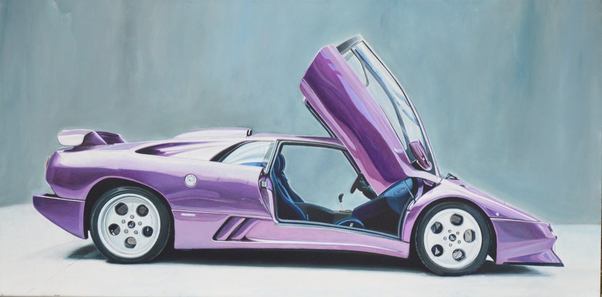 Photorealistic Transport Oil Painting By Roman Sedlak, 39 X 20", Cosmic Girl - Lambo Diablo, Original Artwork