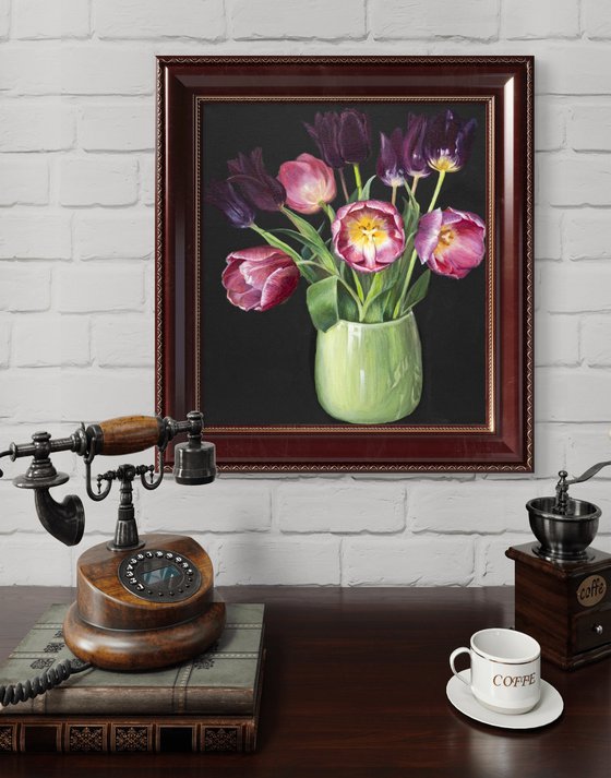 Velvet tulips in vase