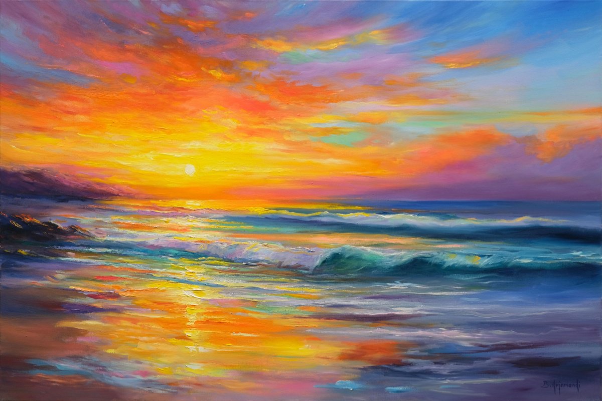 Impressionistic Landscape Oil Painting By Behshad Arjomandi, 35 X 24, Magical Sunset, Original Artwork