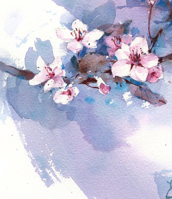 "Spring Rains" blooming tree branches watercolor