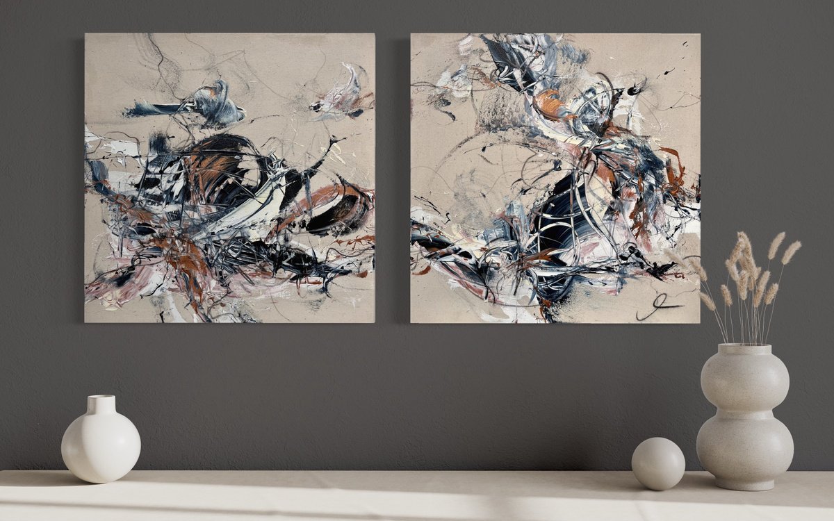 Expressive Abstract Acrylic Painting By Maria Bevilacqua-Fischer, 39 X 20", Free Flowing (Diptych), Original Artwork