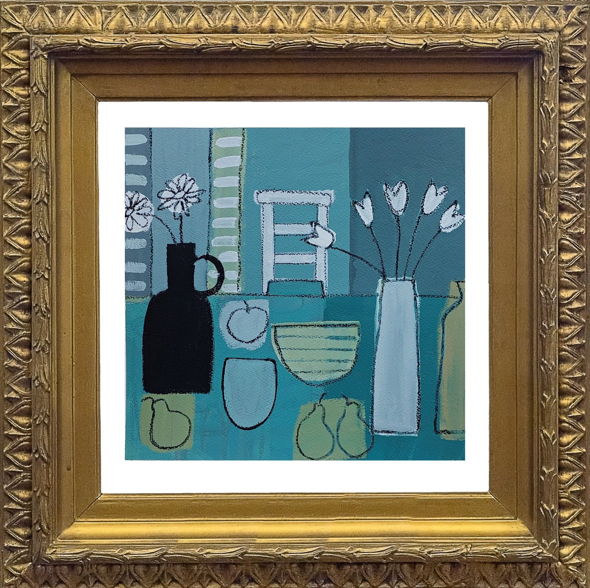 Abstract Still Life Acrylic Painting By Jan Rippingham, 15 X 15, Still Life With A White Chair, Original Artwork