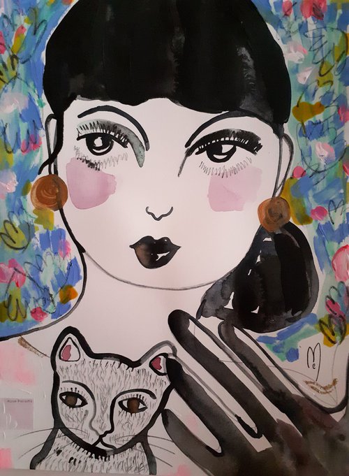Woman and Cat Watercolor by Céline Marcoz