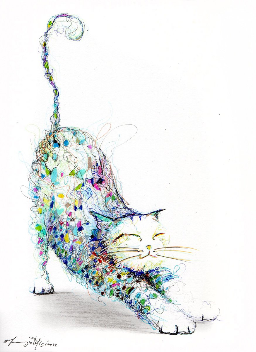 Urban And Pop Animal Ink Drawing By Maurizio Puglisi, 9 X 13", Yoga Cat, Original Artwork