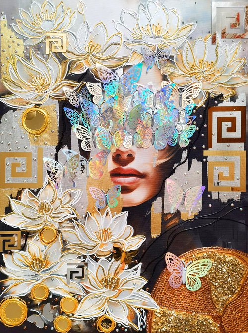 Woman and white lotuses (white lilies) - mirror crystal abstract painting, faceless portrait woman art, Gift by BAST