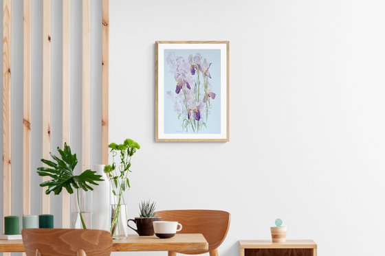 Purple irises with night violets / ORIGINAL watercolor 15x22 (38x56cm)