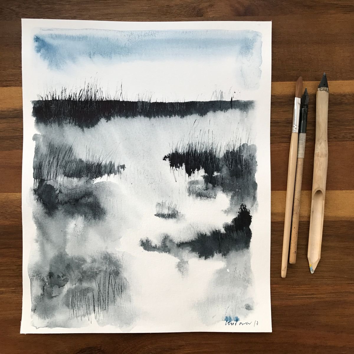 Low light - expressive landscape at Dusk, ink and watercolour by Luci Power