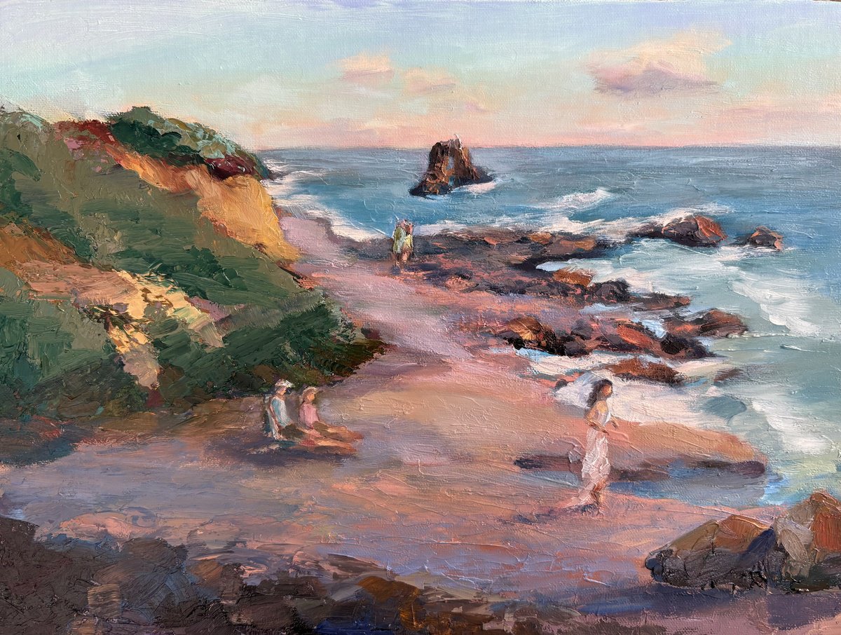 Impressionistic Landscape Oil Painting By Grace Diehl, 12 X 9, Corona Del Mar At Sunset, Original Artwork