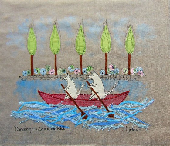 "Canoeing on Canal du Midi" - textile collage