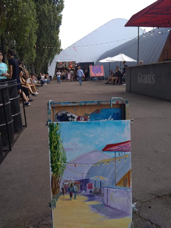 The food court at the city festival. Pleinair painting