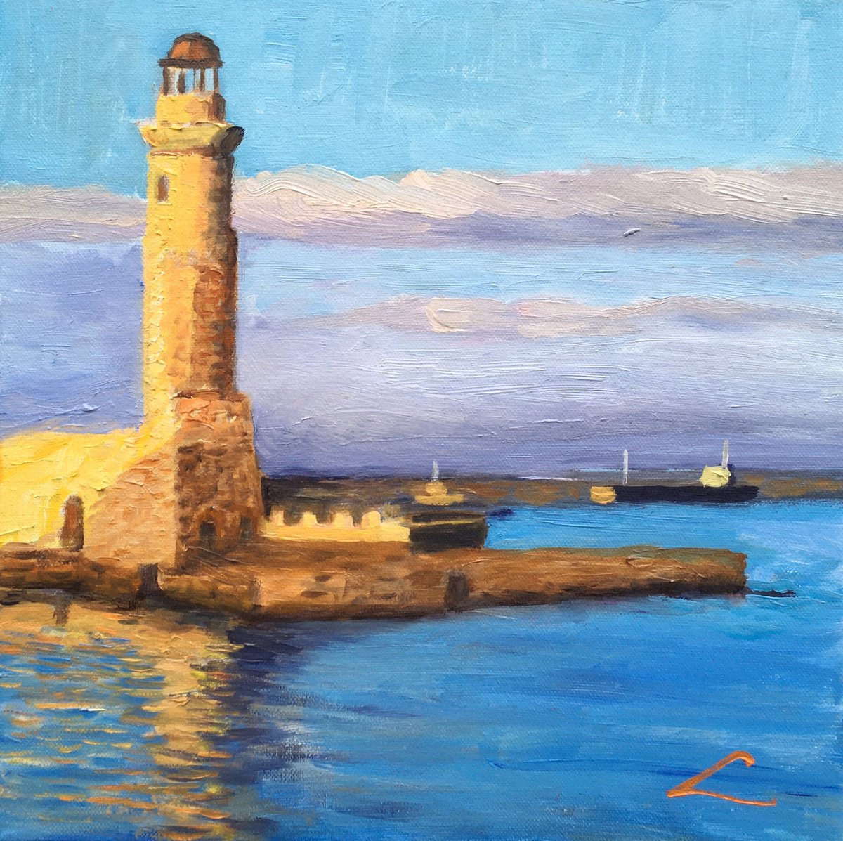 Impressionistic Landscape Oil Painting By Elena Sokolova, 12 X 12, Rethymno Lighthouse, Original Artwork