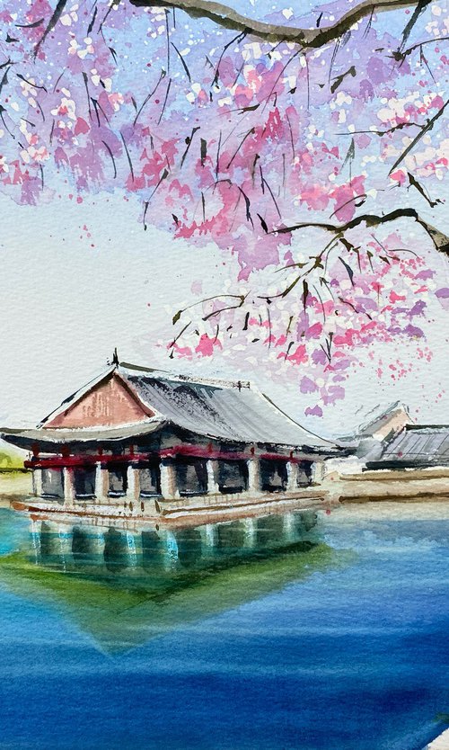 Spring Blossoms at Gyeongbokgung Palace original watercolor painting, blossom decor by Irina Povaliaeva