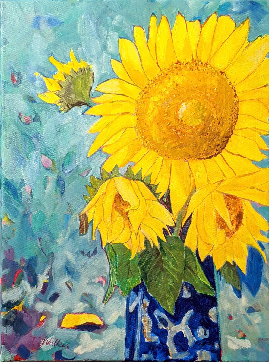 Expressive Still Life Oil Painting By Chris Walker, 12 X 16, Sunflowers At Home, Original Artwork