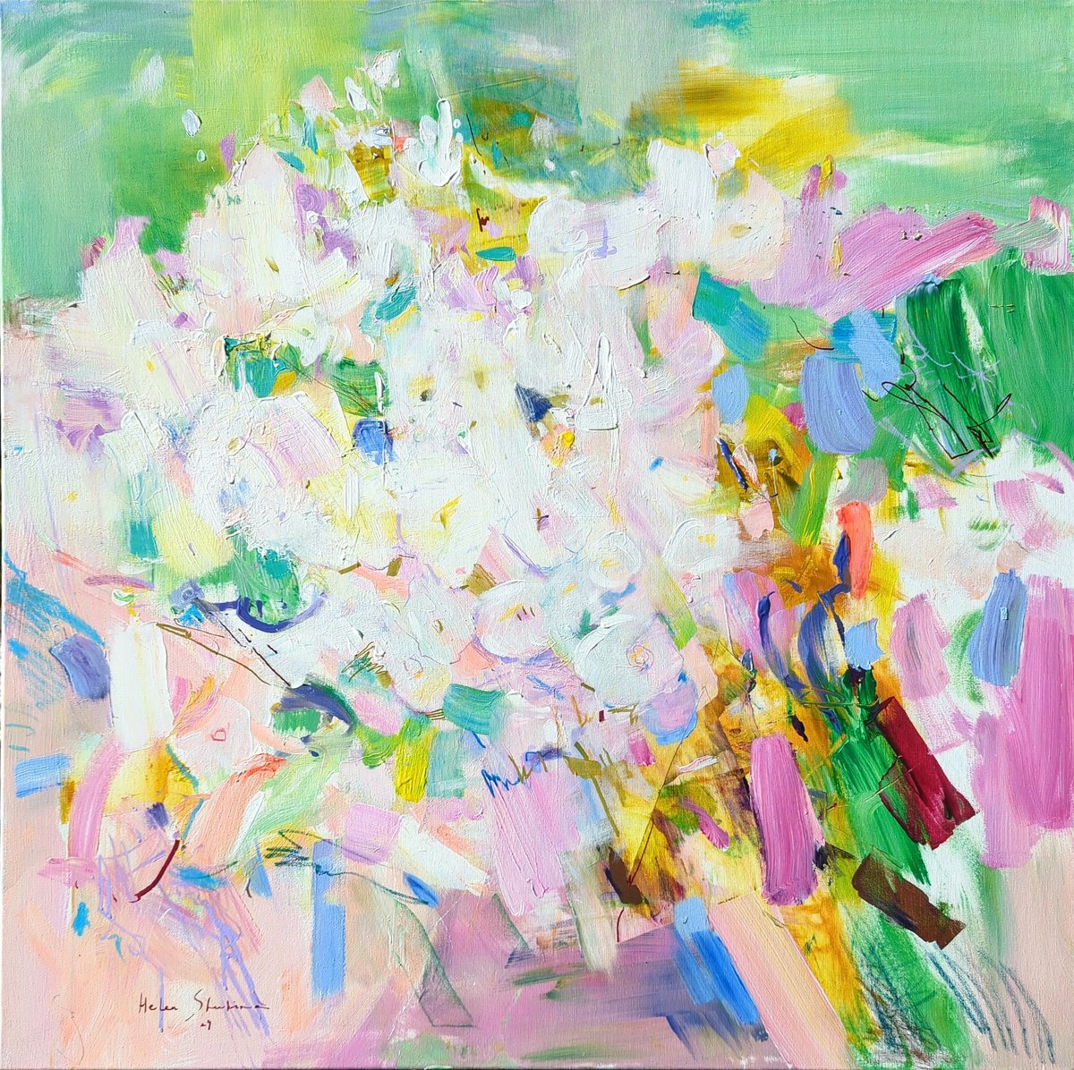 Organic Botanical Acrylic Painting By Helen Shukina, 39 X 39, Spring Garden Floral Etude, Original Artwork