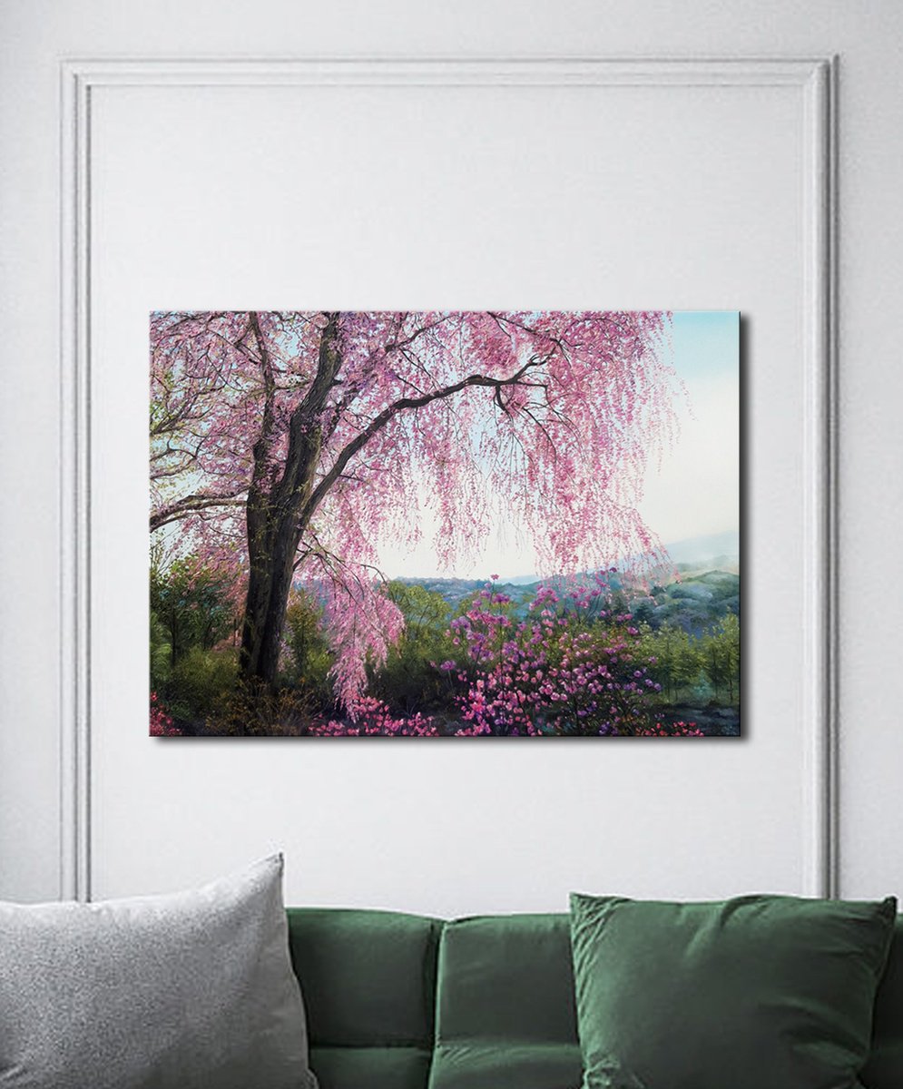 Impressionistic Landscape Oil Painting By Anna Steshenko, 35 X 26, Pink Dreams, Original Artwork
