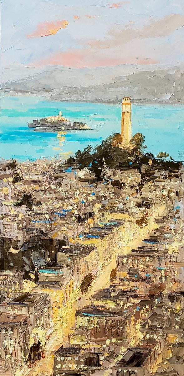 Impressionistic Landscape Oil Painting By Irina Alexandrina, 12 X 24, City Light. San Francisco., Original Artwork