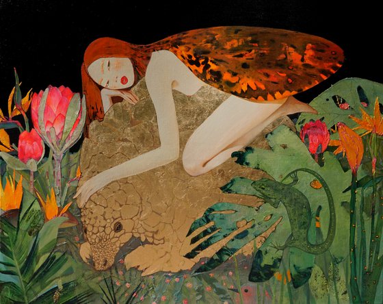 Redhead fairy and golden pangolin / Painting by Anastasia Balabina
