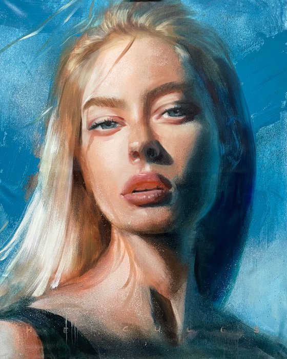 Turquoise, a colorful large oil painting of a blonde model with wind in her hair with a turquoise background color.