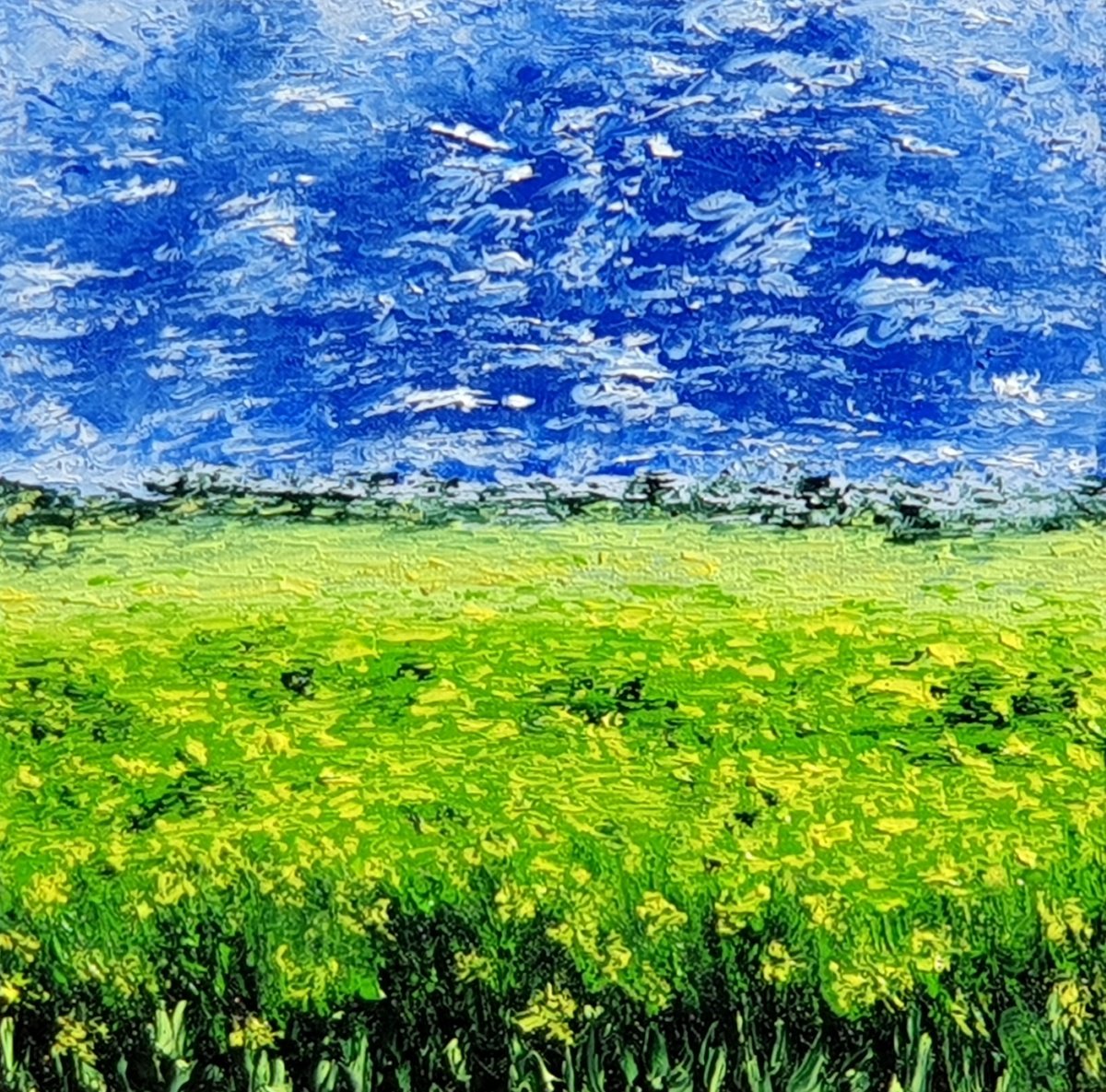 Impressionistic Landscape Oil Painting By Daniel Urbani?k, 12 X 12, Green Yellow Field, Original Artwork