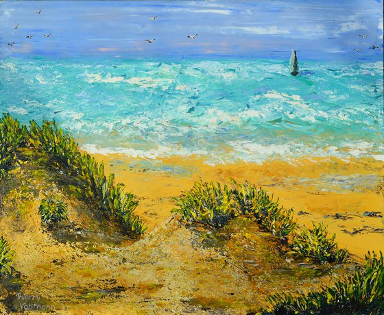 JOURNEY TO SAINT BREVIN.ORIGINAL PALETTE KNIFE SEASCAPE.PAINTING BY THIERRY VOBMANN.IMPRESSIONISTIC VAN GOGH STYLE.FREE SHIPPING.