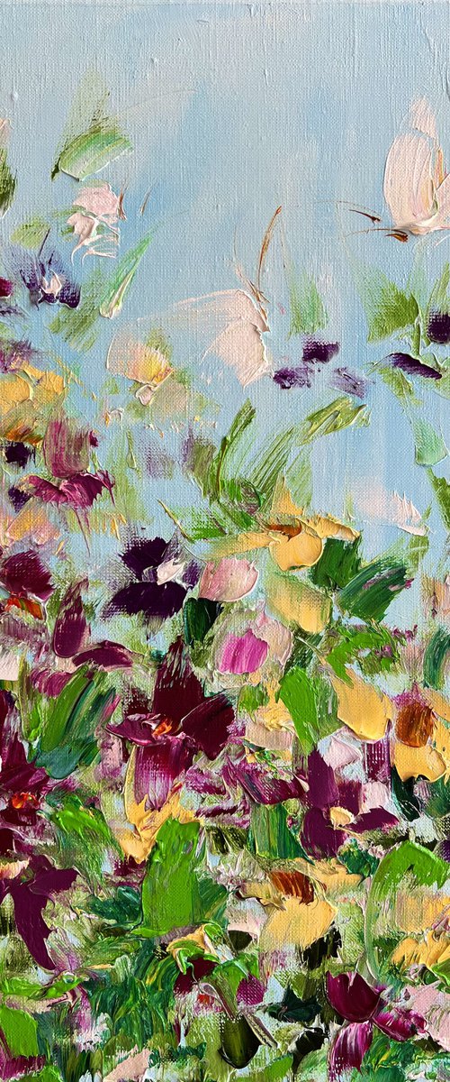 SOLAR BUTTERFLIES - Bright flowers. Large strokes. Summer. Glade. Crimson. Multicolor. Fantasy. Abstraction. by Marina Skromova