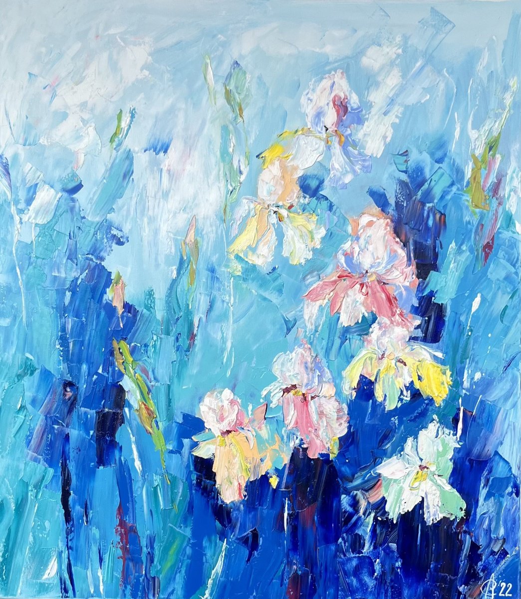 Abstract Botanical Oil Painting By Svitlana Andriichenko, 28 X 31", Gentle Irises, Original Artwork