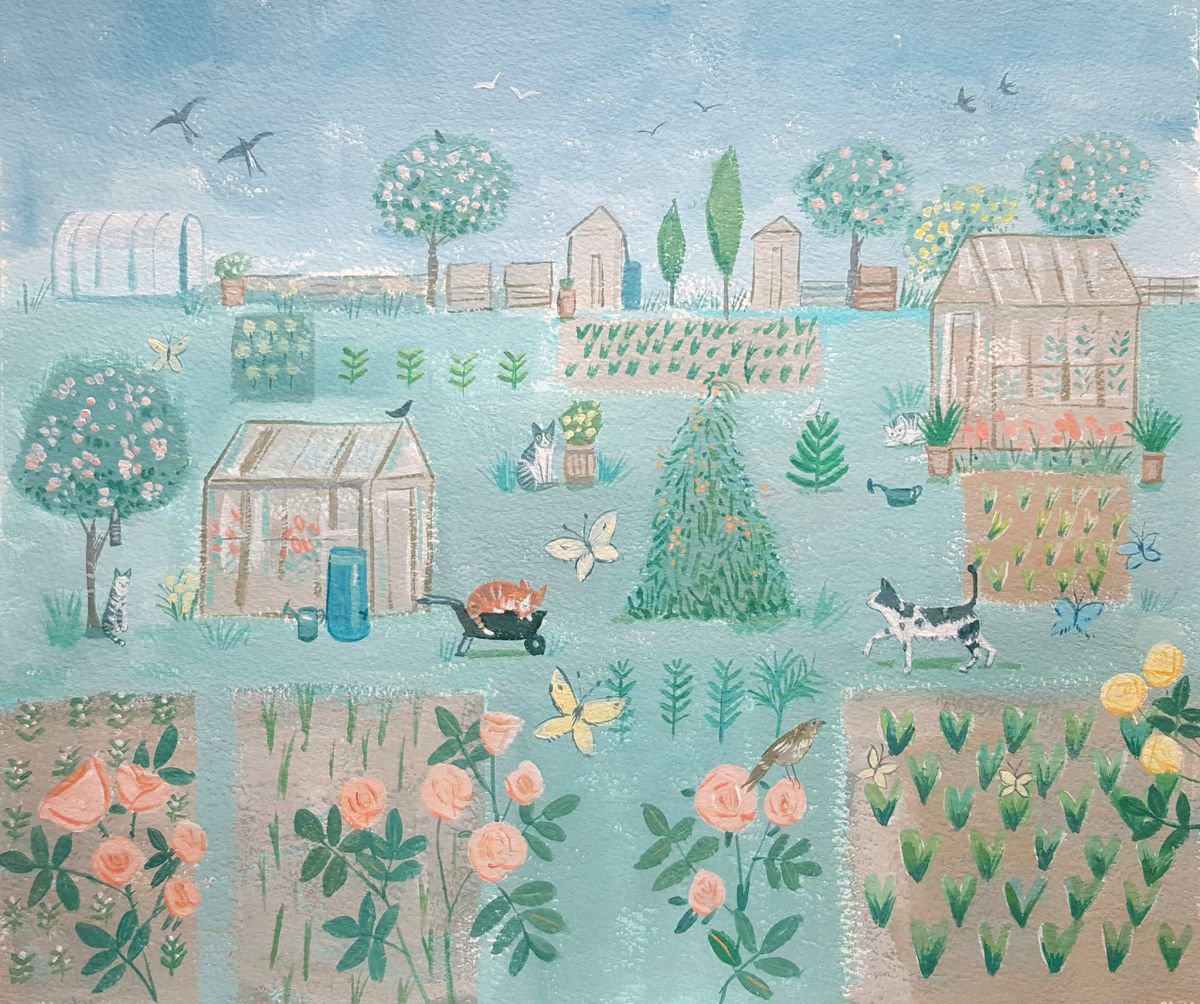 Allotment with cats by Mary Stubberfield