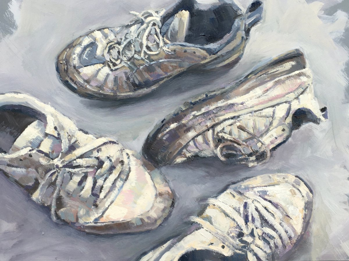 Impressionistic Still Life Oil Painting By Louise Gillard, 12 X 9", Family Shoes, Original Artwork