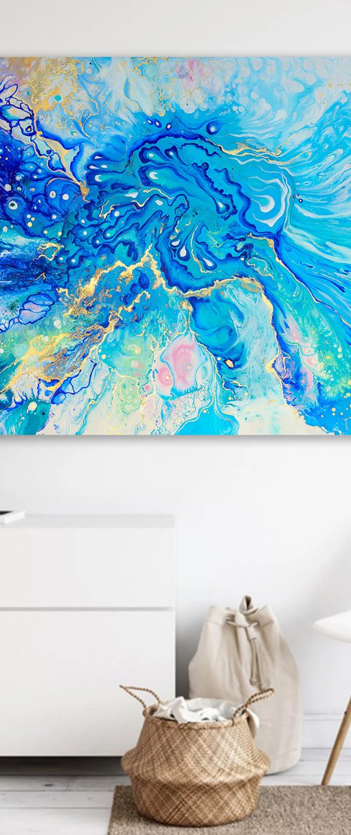 "Secret traces"  large acrylic painting, contemporary art, home decor office art, royal blue, gold, turquoise by Alexandra Dobreikin
