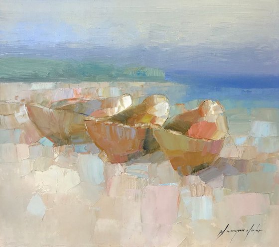 Rowboats, Original oil painting, Handmade artwork, One of a kind
