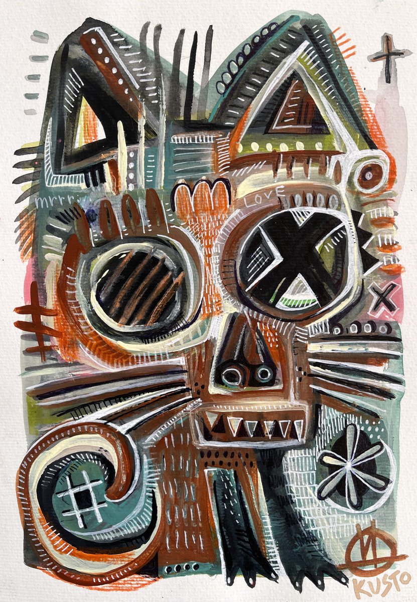 Impressionistic Ink Drawing , Skull Cat By Daria Kusto, 8 X 11, Artwork For Sale On Artfinder