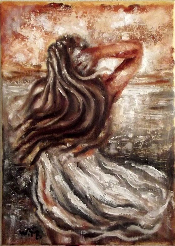SEASIDE GIRL - THE WIND - Oil painting on canvas (25x35cm)
