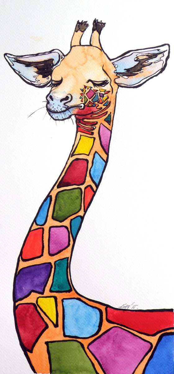 Animal Watercolour By Kovacs Anna Brigitta, 7 X 15", Giraffe, Original Artwork