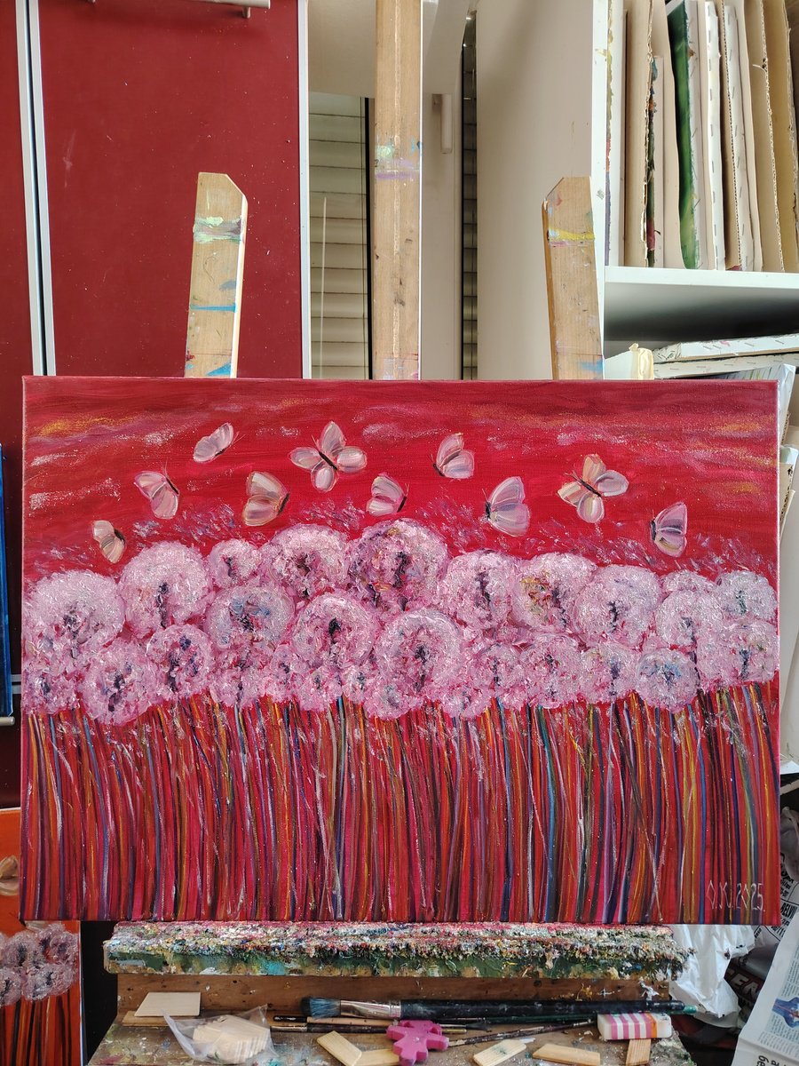 Impressionistic Botanical Oil Painting By Olga Knezevic, 28 X 20", Field Of Sparkling Dandelions, Original Artwork