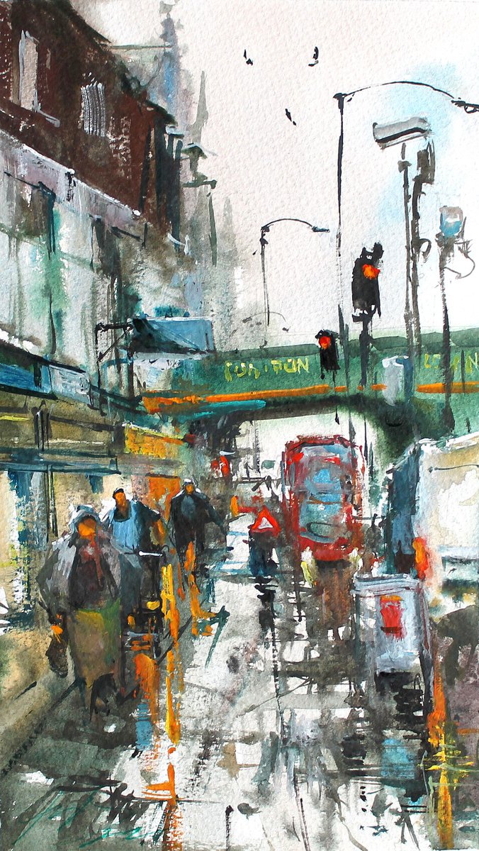 Impressionistic Cityscapes Watercolour By Maximo Damico, 8 X 15", Camden Walking, Original Artwork