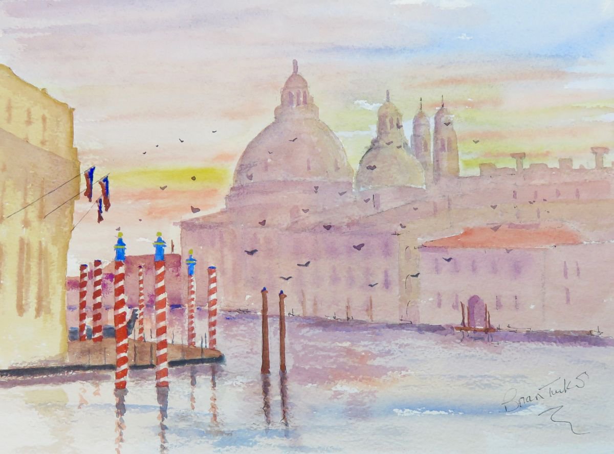 Photorealistic Landscape Watercolour By Brian Tucker, 12 X 9, Sunset In Venice, Original Artwork