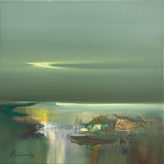 Bridge of Light - 30 x 30 cm, abstract landscape painting in grey