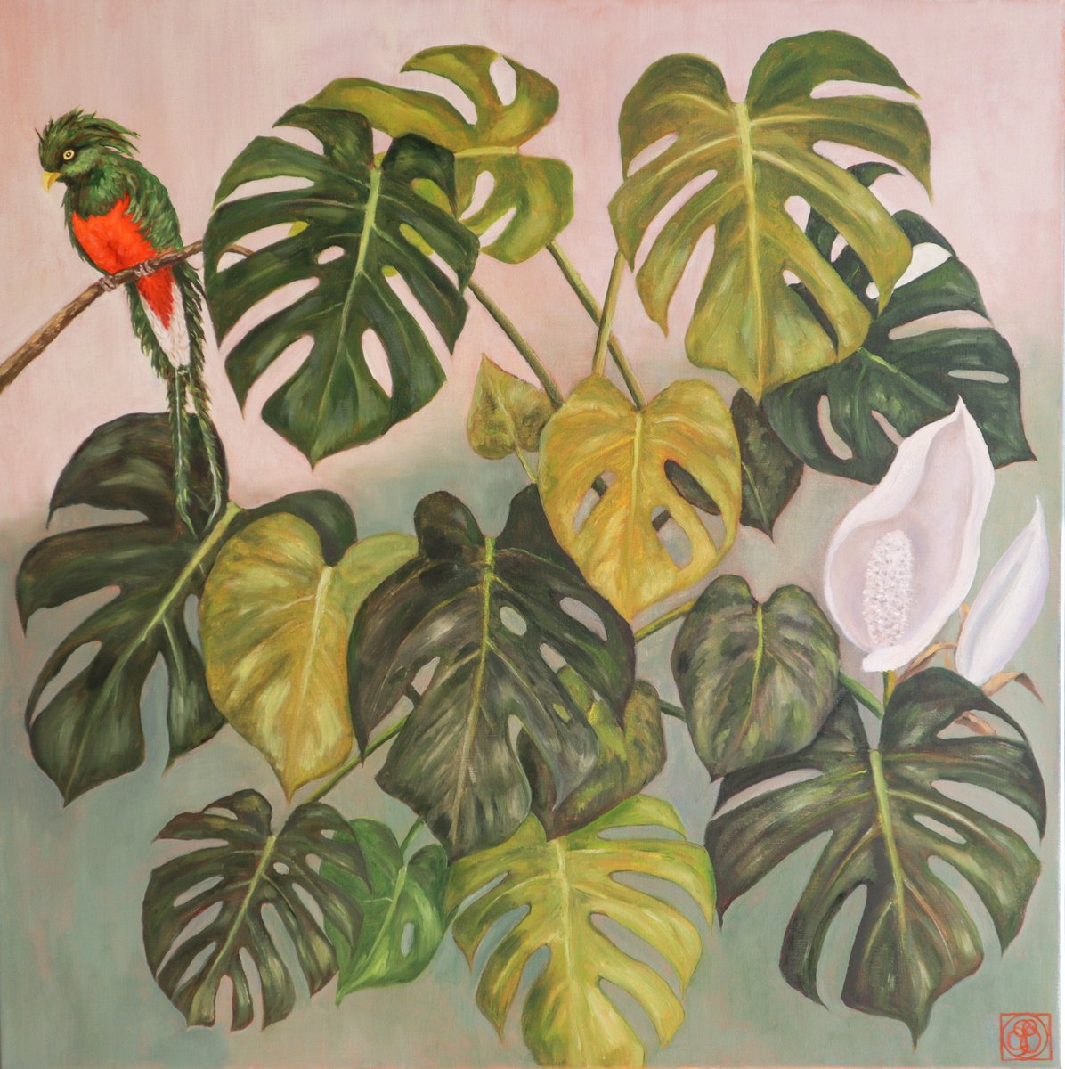Photorealistic Botanical Oil Painting By Katia Bellini, 31 X 31", Monstera With Parrot, Original Artwork