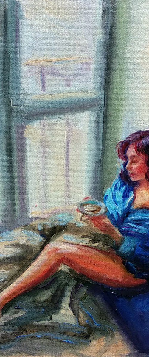 Woman Portrait Beautiful Girl Cup Of Coffee Window Sunshine Blue White by Anastasia Art Line