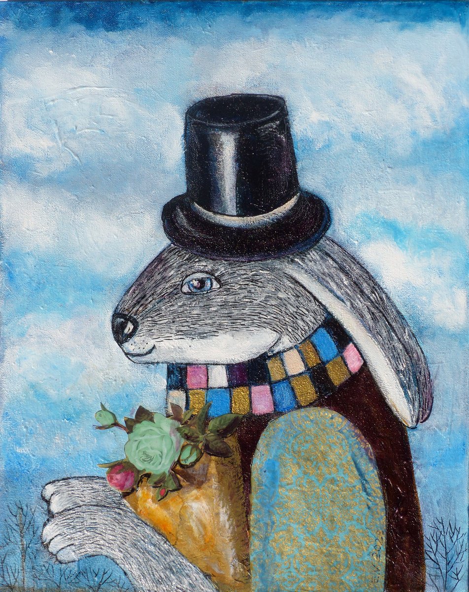 Surrealistic Painting , Rabbit In Love By Elizabeth Vlasova, 16 X 20, Artwork For Sale On Artfinder
