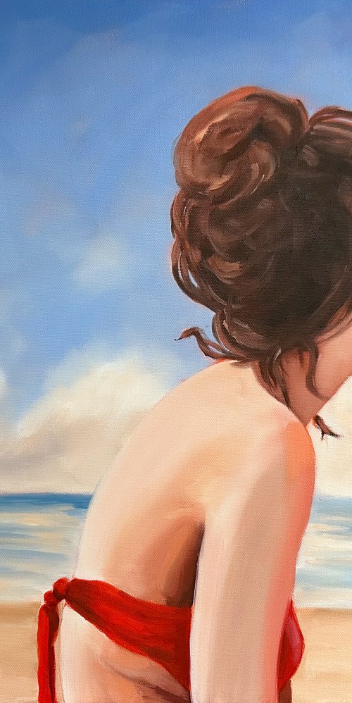 Girl in a Red Swimsuit - Woman in Sunglasses on the Beach Painting by Daria Gerasimova