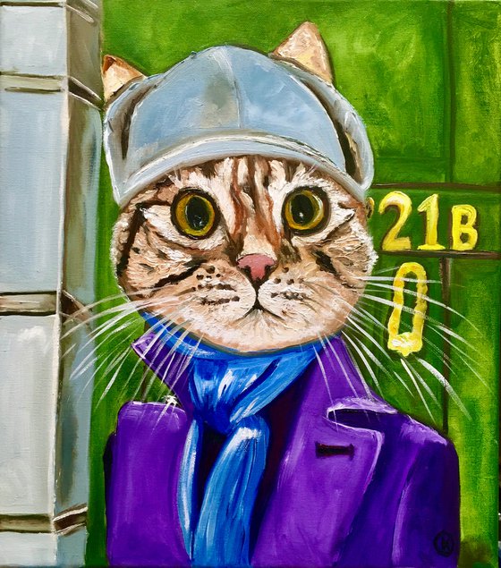 Troy The  Cat- Sherlock Holmes  Baker  Street 221 B   oil painting for cat lovers.