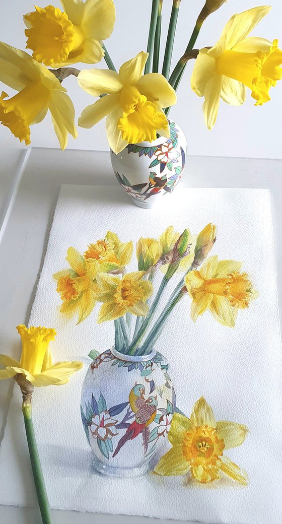 Golden Daffodils in a Chinoiserie Parrot Vase